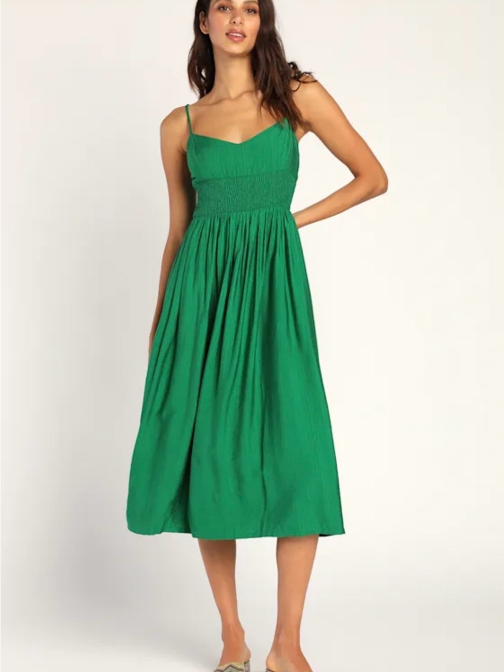 Lulu's Full heart Green Smocked Midi Dress with Spaghetti Straps
